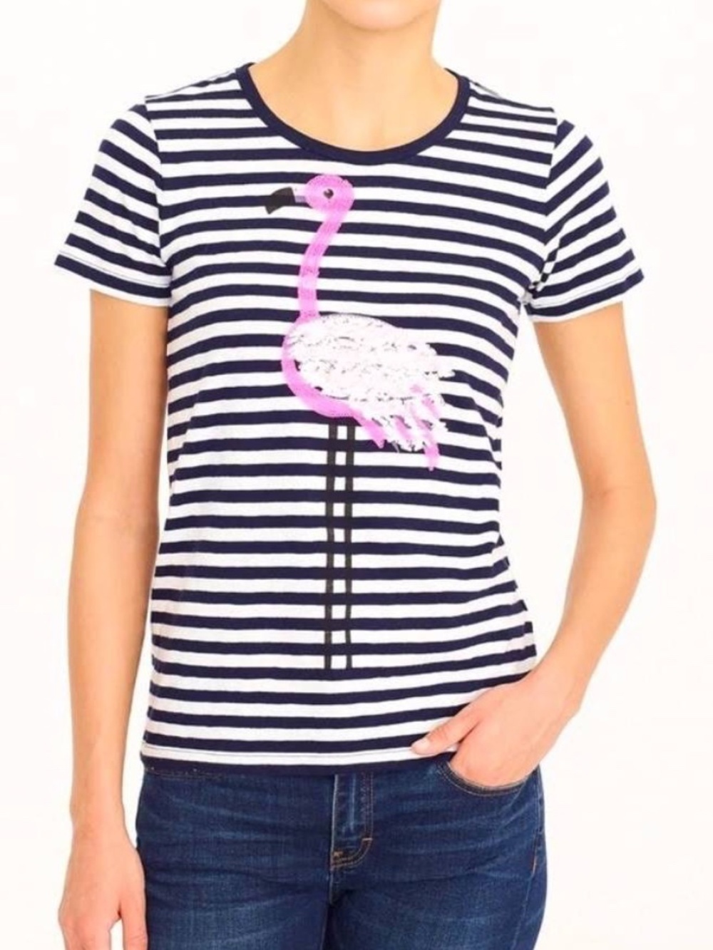 J. Crew Navy Blue and White Striped Flamingo Tee Size Large